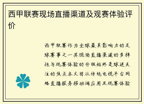 西甲联赛现场直播渠道及观赛体验评价